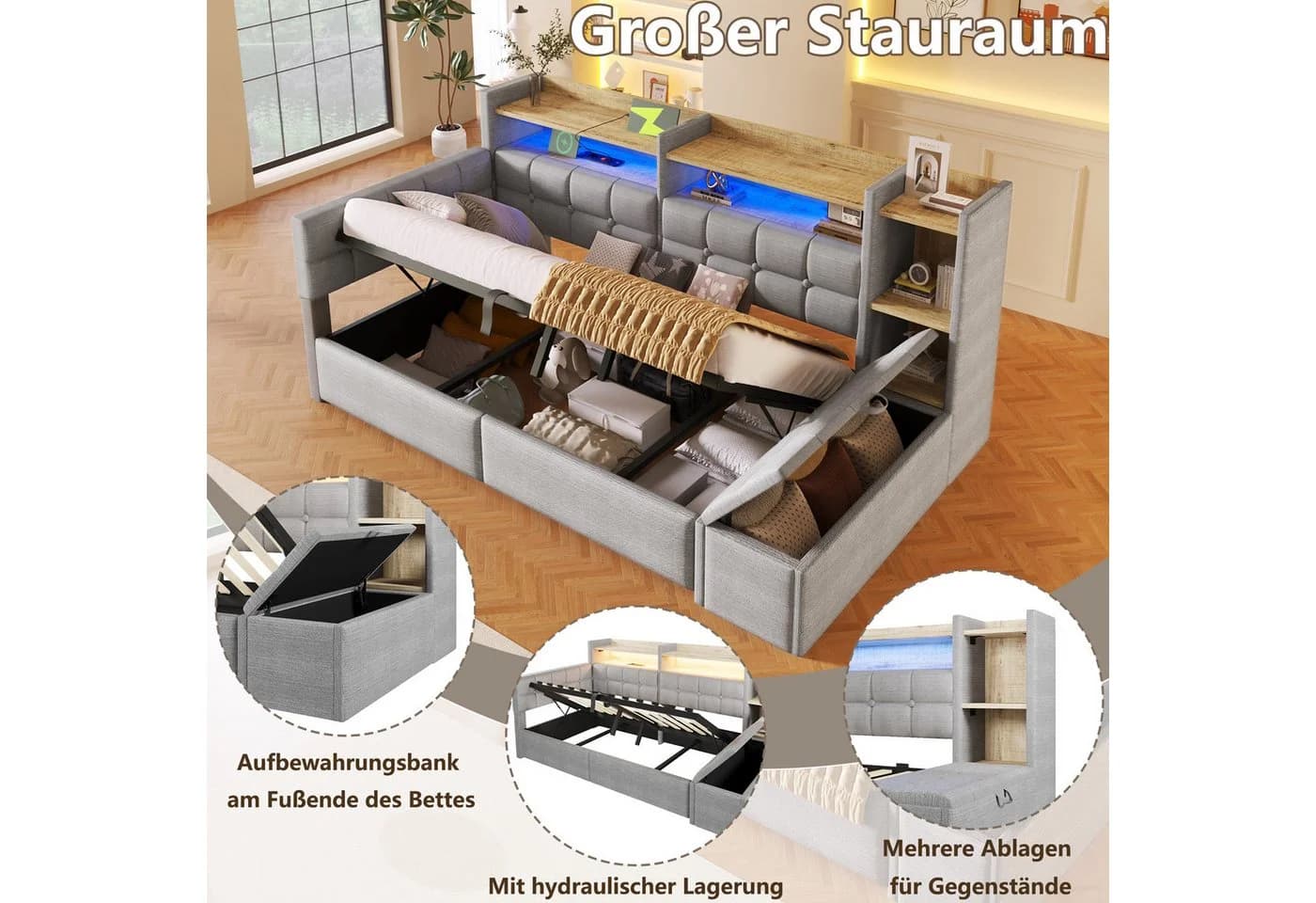 Merax Daybett 90x200cm Samt mit LED, USB & Bettkasten - Bild 5