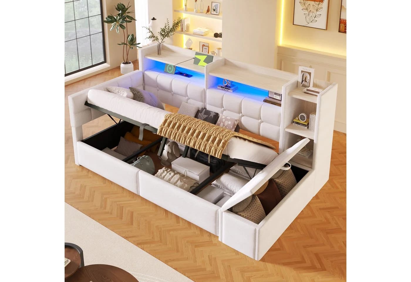 Merax Daybett mit LED, USB & Bettkasten Samt
