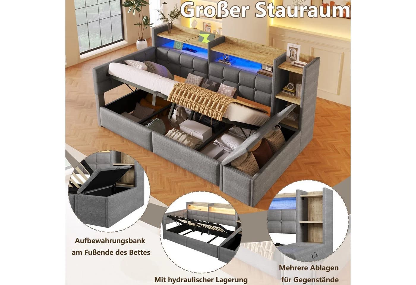 Merax Daybett Samt Grau mit LED, USB & Bettkasten - Bild 5