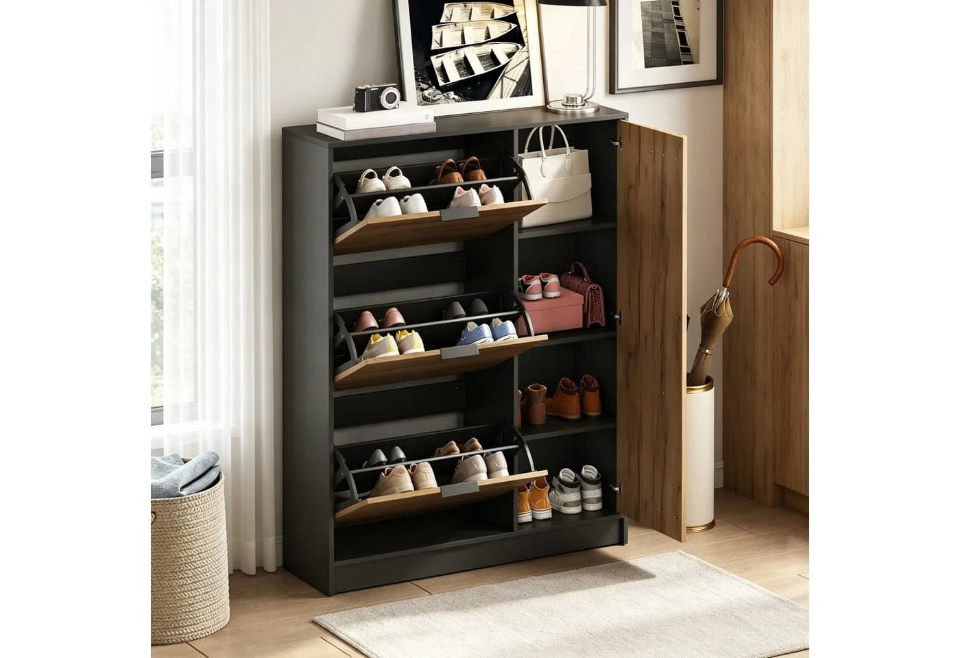 Merax Schuhschrank Naturholzoptik Schwarz 12 Paar