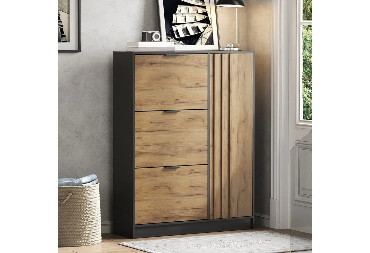 Merax Schuhschrank Naturholzoptik Schwarz 12 Paar - Bild 3