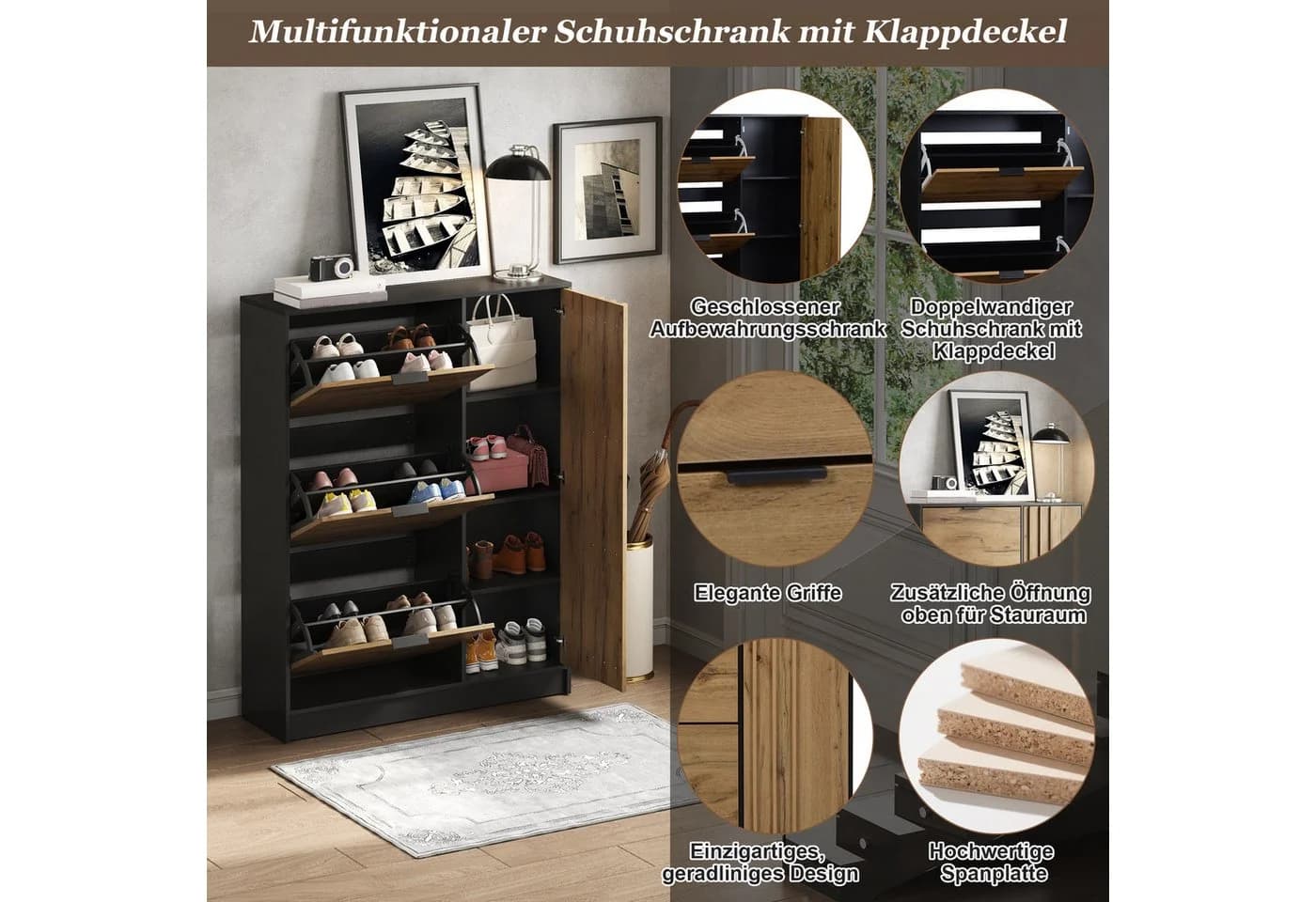 Merax Schuhschrank Naturholzoptik Schwarz 12 Paar - Bild 4
