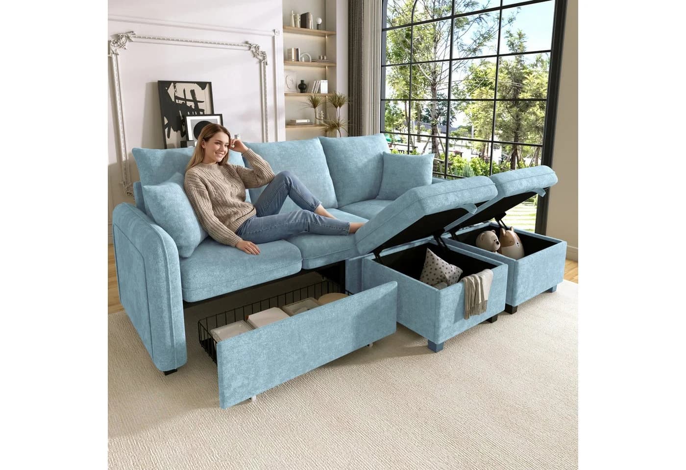 Merax U-förmiges Schlafsofa mit Stauraum und Hockern in Blau - Bild 2