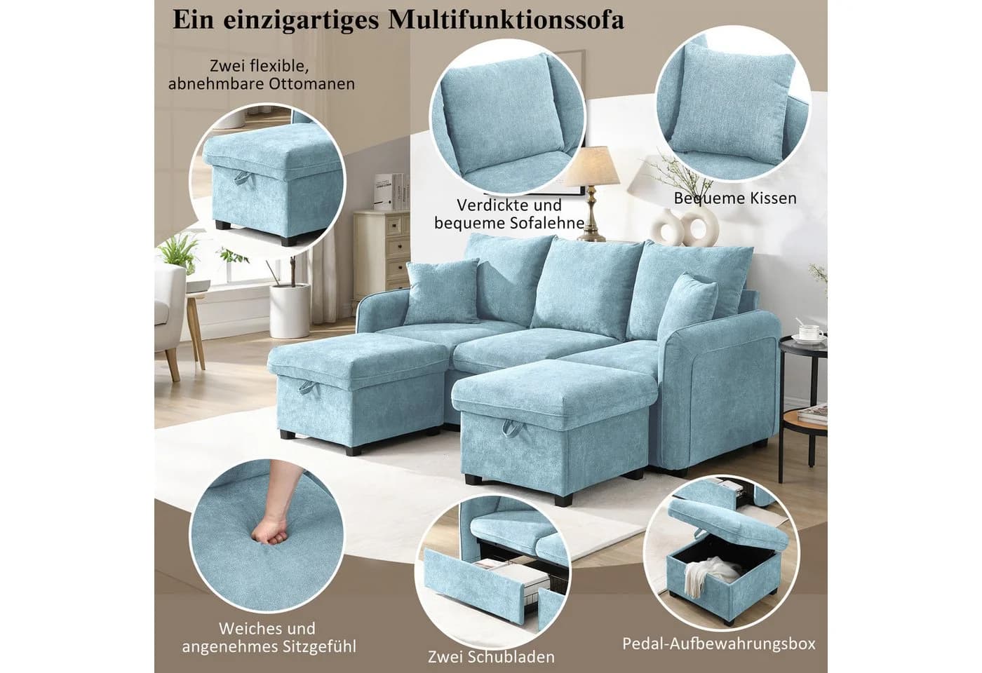Merax U-förmiges Schlafsofa mit Stauraum und Hockern in Blau - Bild 5