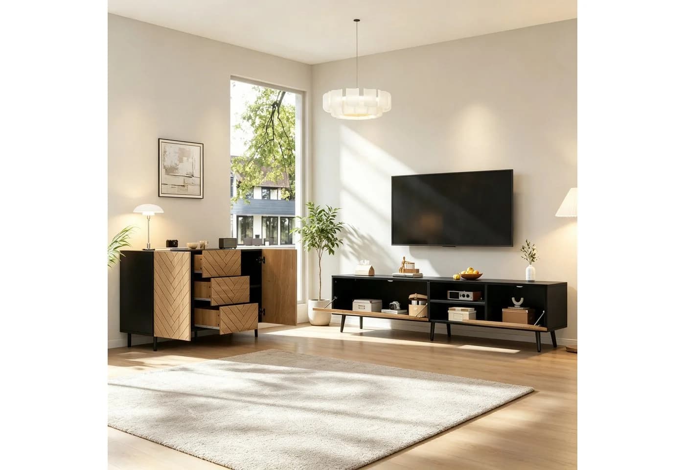 Merax TV-Bank & Sideboard Set 2-teilig Holzoptik Schwarz