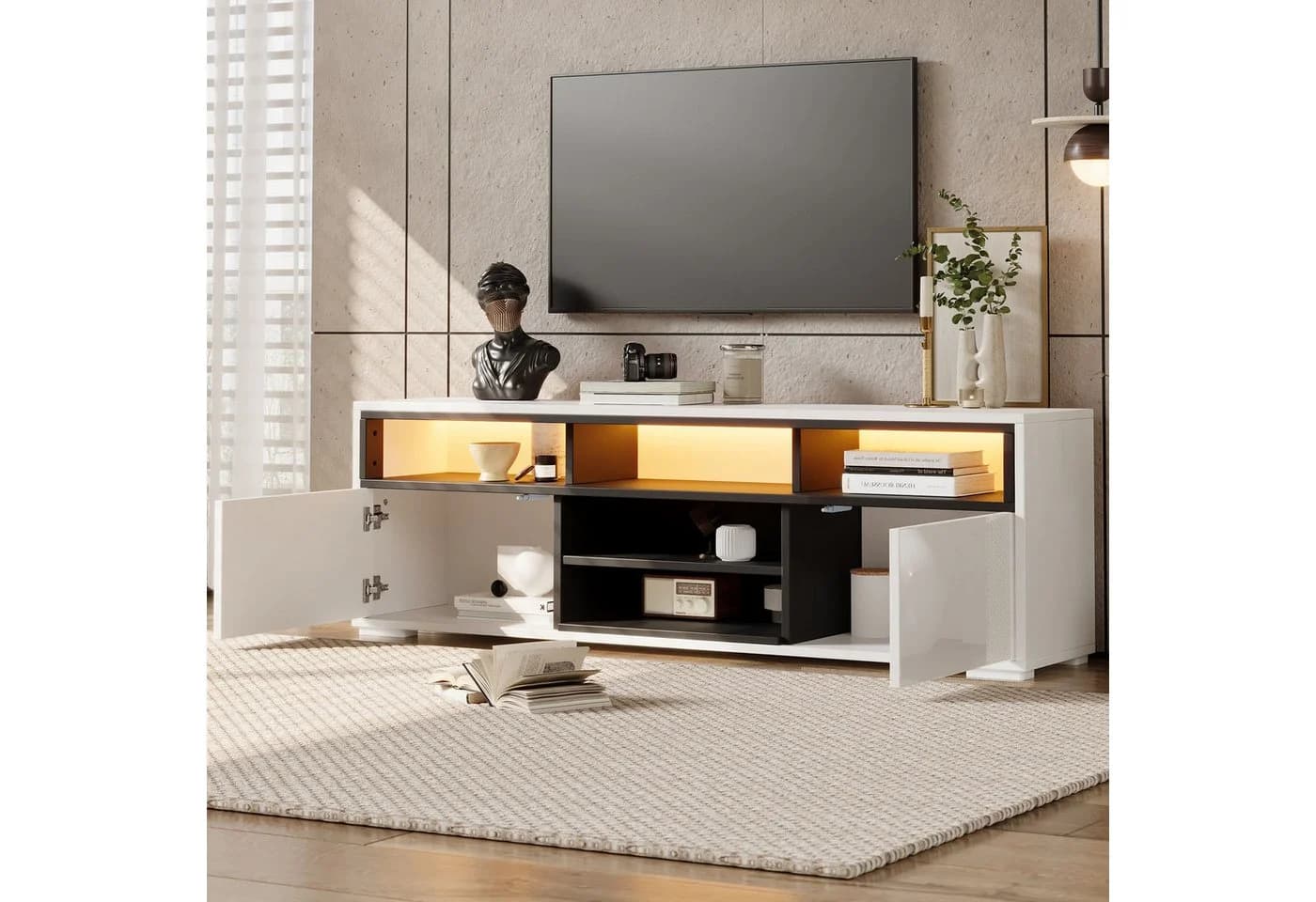 Merax Lowboard Hochglanz TV-Schrank mit LED-Beleuchtung Schwarz/Weiß