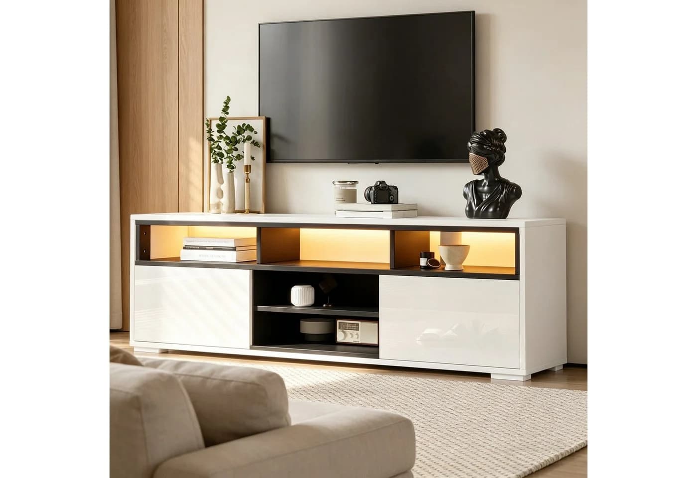 Merax Lowboard Hochglanz TV-Schrank mit LED-Beleuchtung Schwarz/Weiß - Bild 2