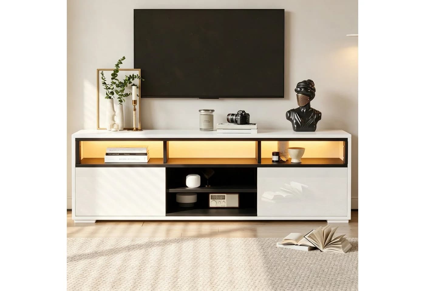 Merax Lowboard Hochglanz TV-Schrank mit LED-Beleuchtung Schwarz/Weiß - Bild 3