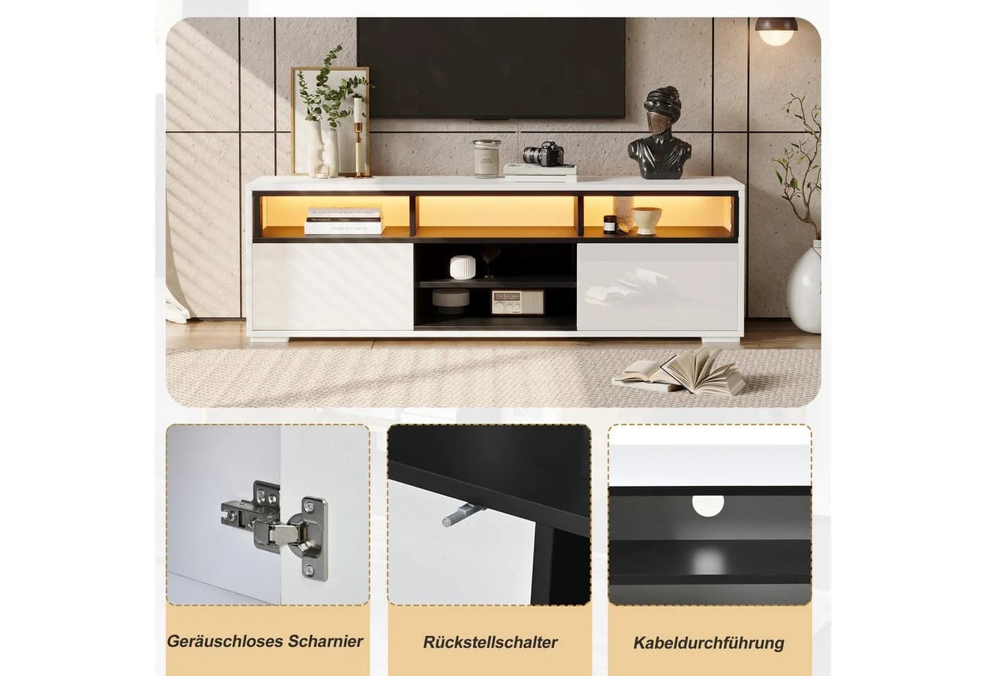 Merax Lowboard Hochglanz TV-Schrank mit LED-Beleuchtung Schwarz/Weiß - Bild 4