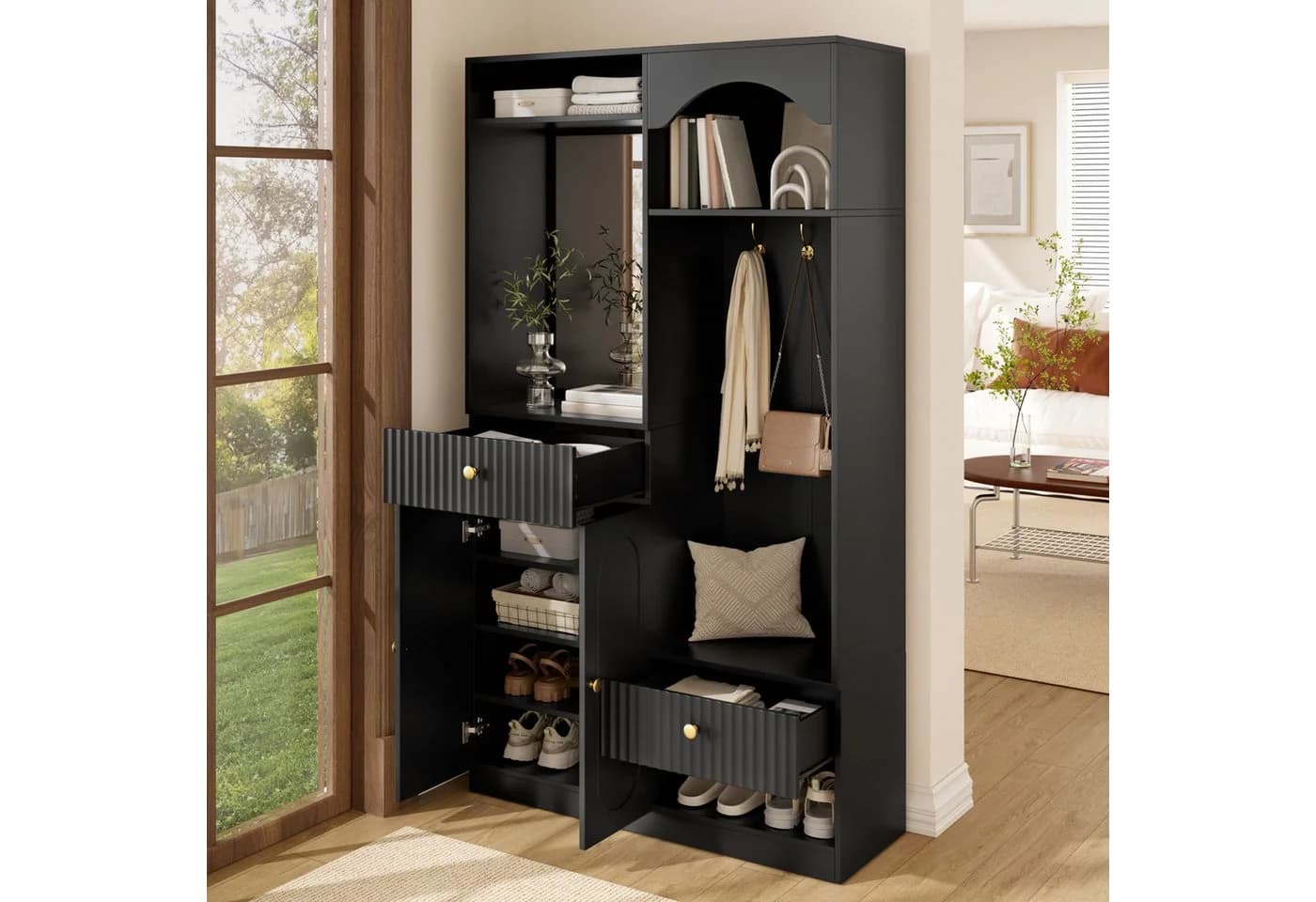 Merax Kompaktgarderobe mit Spiegel & Sitzbank