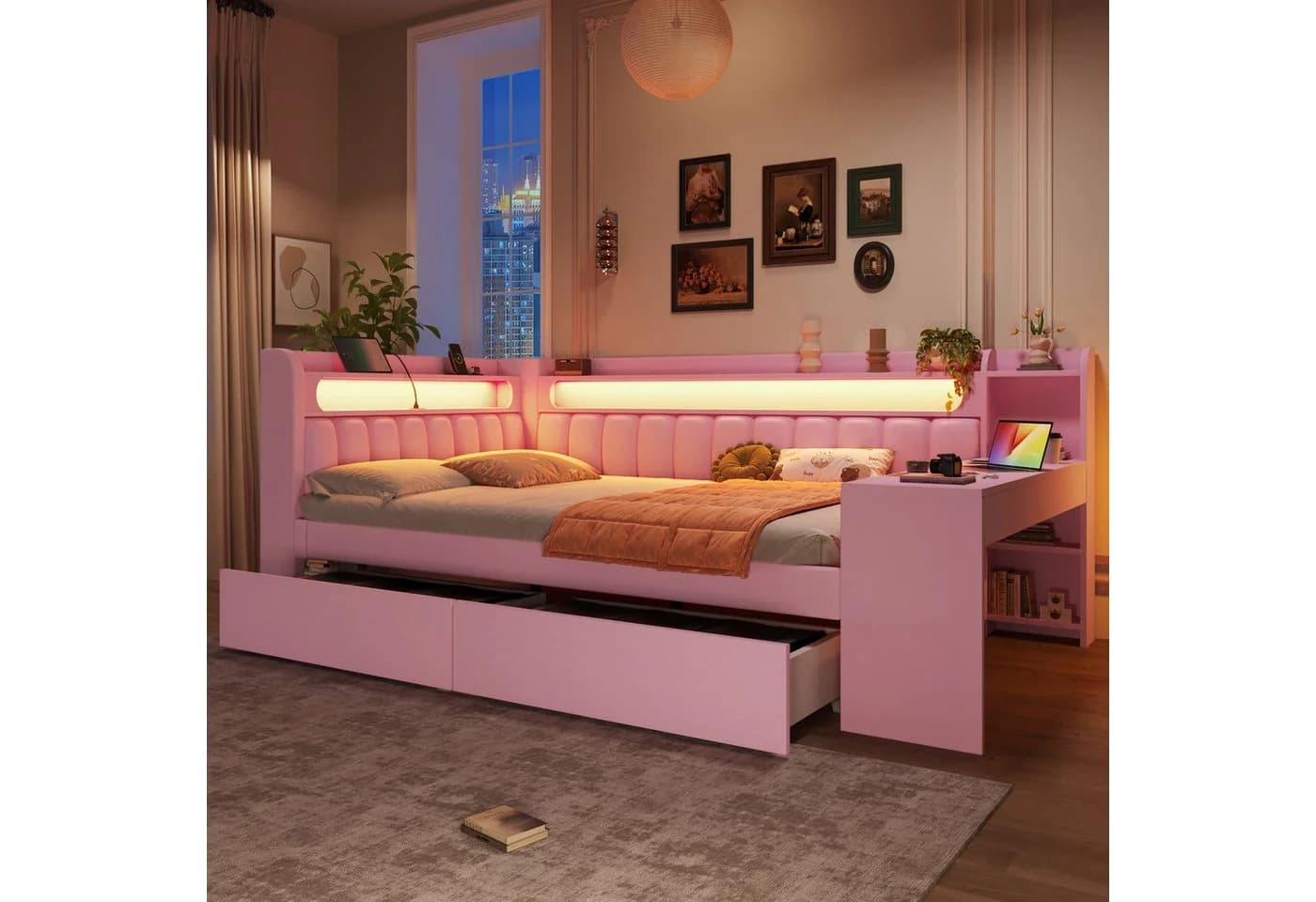 Merax Daybett 140x200 mit LED, USB, Schreibtisch & Schubladen - Bild 2