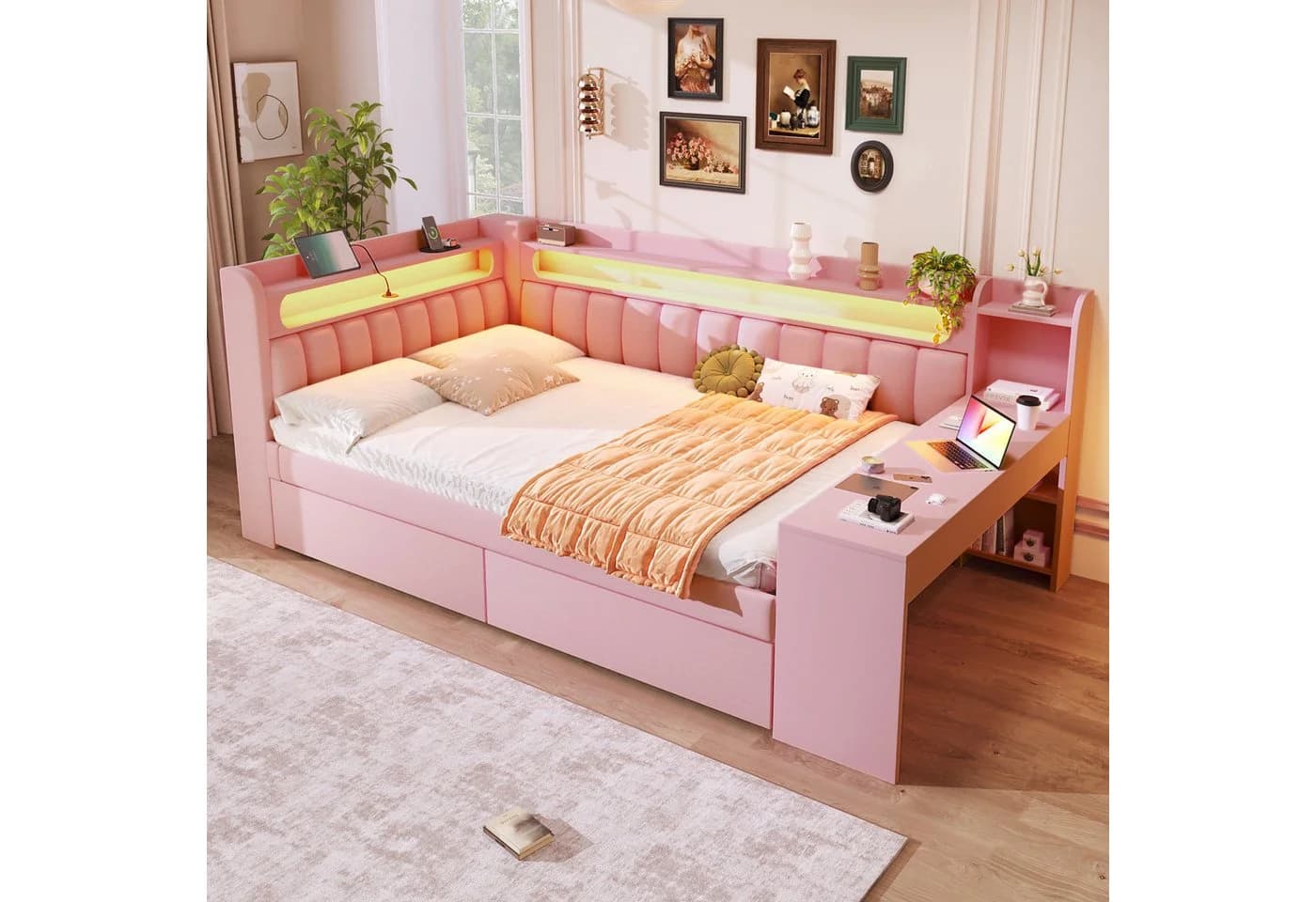 Merax Daybett 140x200 mit LED, USB, Schreibtisch & Schubladen - Bild 3