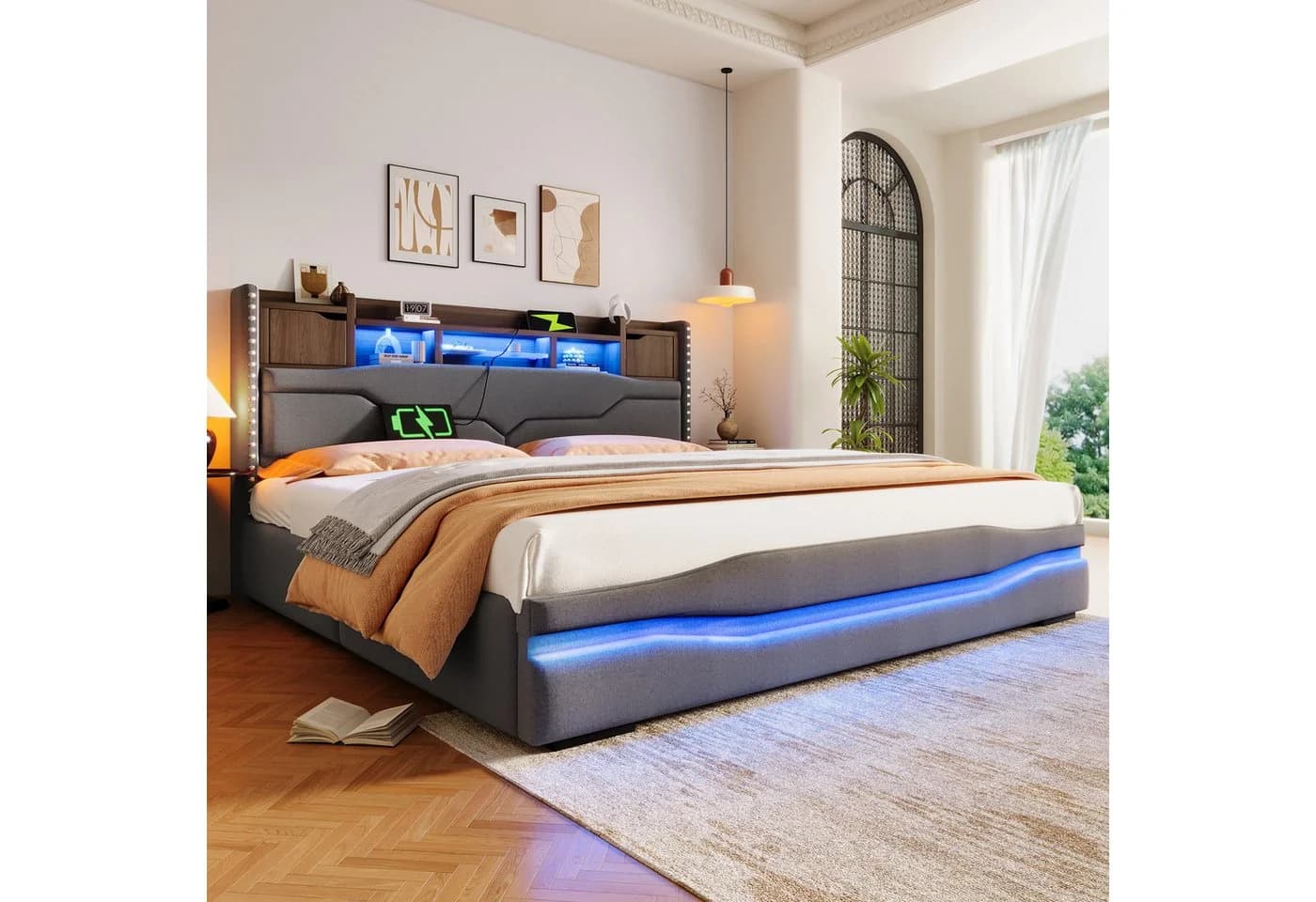 Merax Polsterbett 180x200 Grau mit LED, USB-C & Stauraum