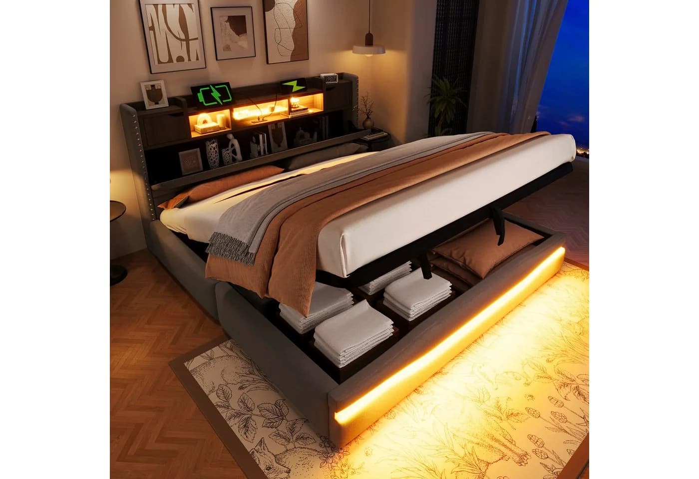 Merax Polsterbett 180x200 Grau mit LED, USB-C & Stauraum - Bild 2