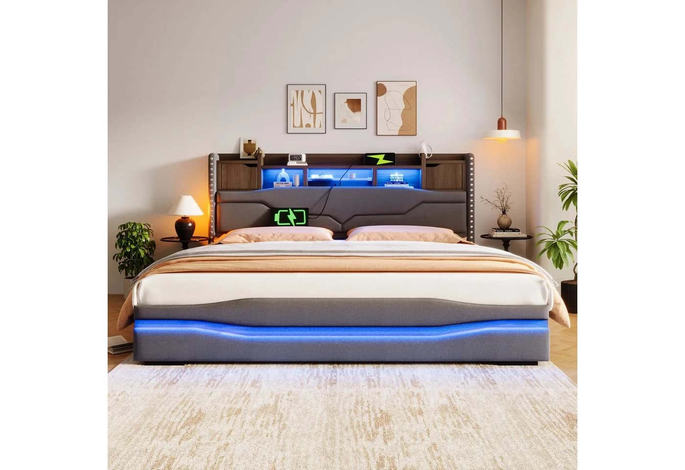 Merax Polsterbett 180x200 Grau mit LED, USB-C & Stauraum - Bild 4