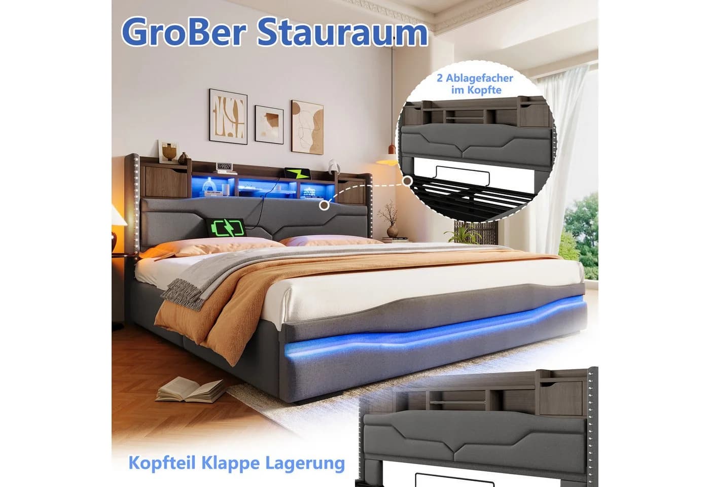 Merax Polsterbett 180x200 Grau mit LED, USB-C & Stauraum - Bild 5