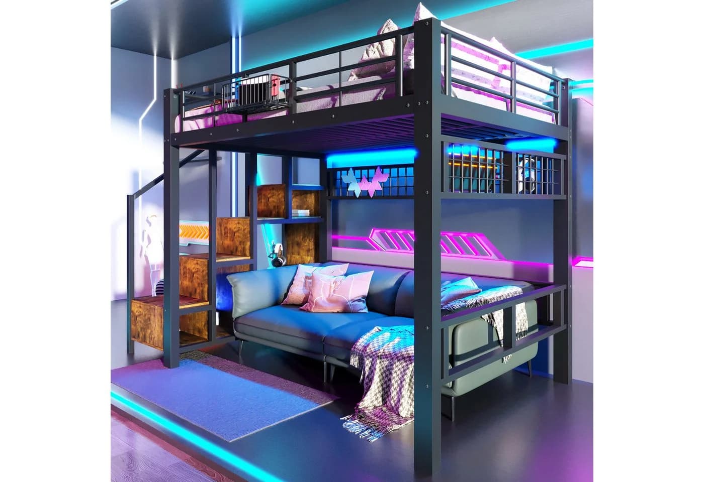 Merax Hochbett 140x200cm mit LED-Beleuchtung und Stauraumtreppe