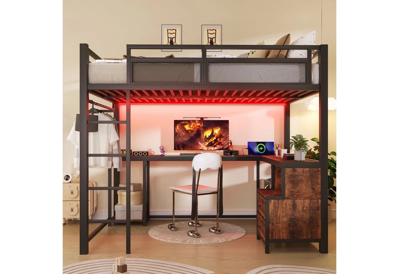 Merax Hochbett 140x200cm mit LED & USB Schwarz