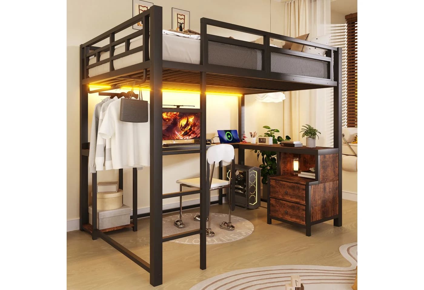 Merax Hochbett 140x200cm mit LED & USB Schwarz - Bild 2