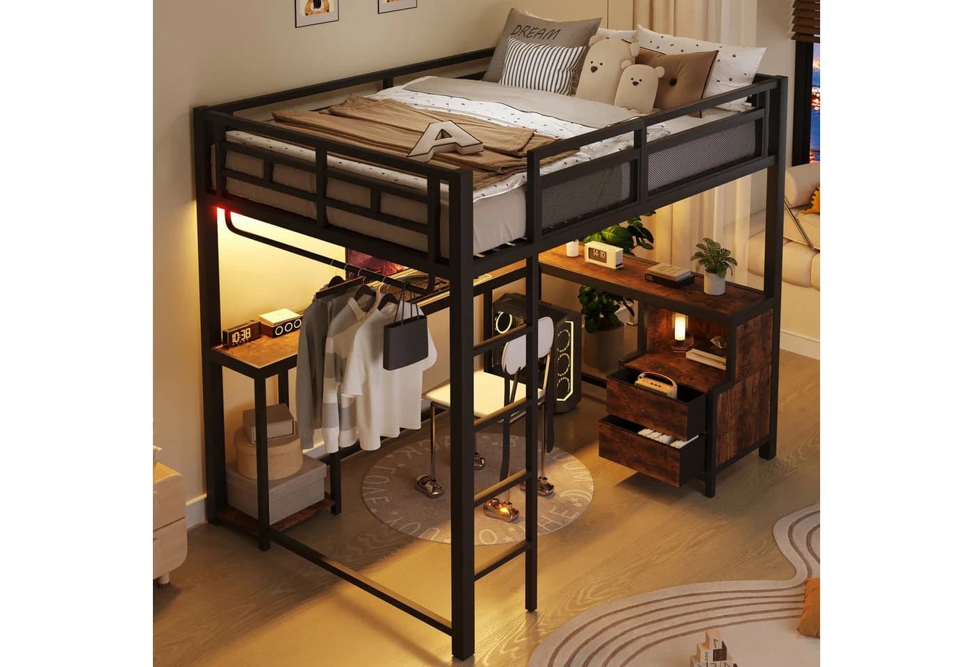 Merax Hochbett 140x200cm mit LED & USB Schwarz - Bild 3