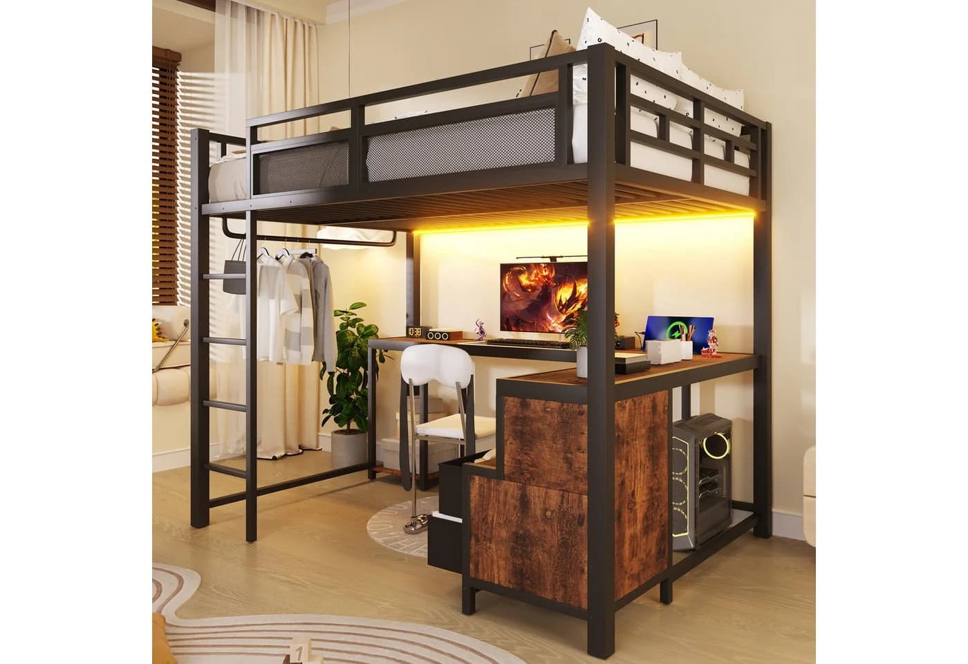 Merax Hochbett 140x200cm mit LED & USB Schwarz - Bild 4