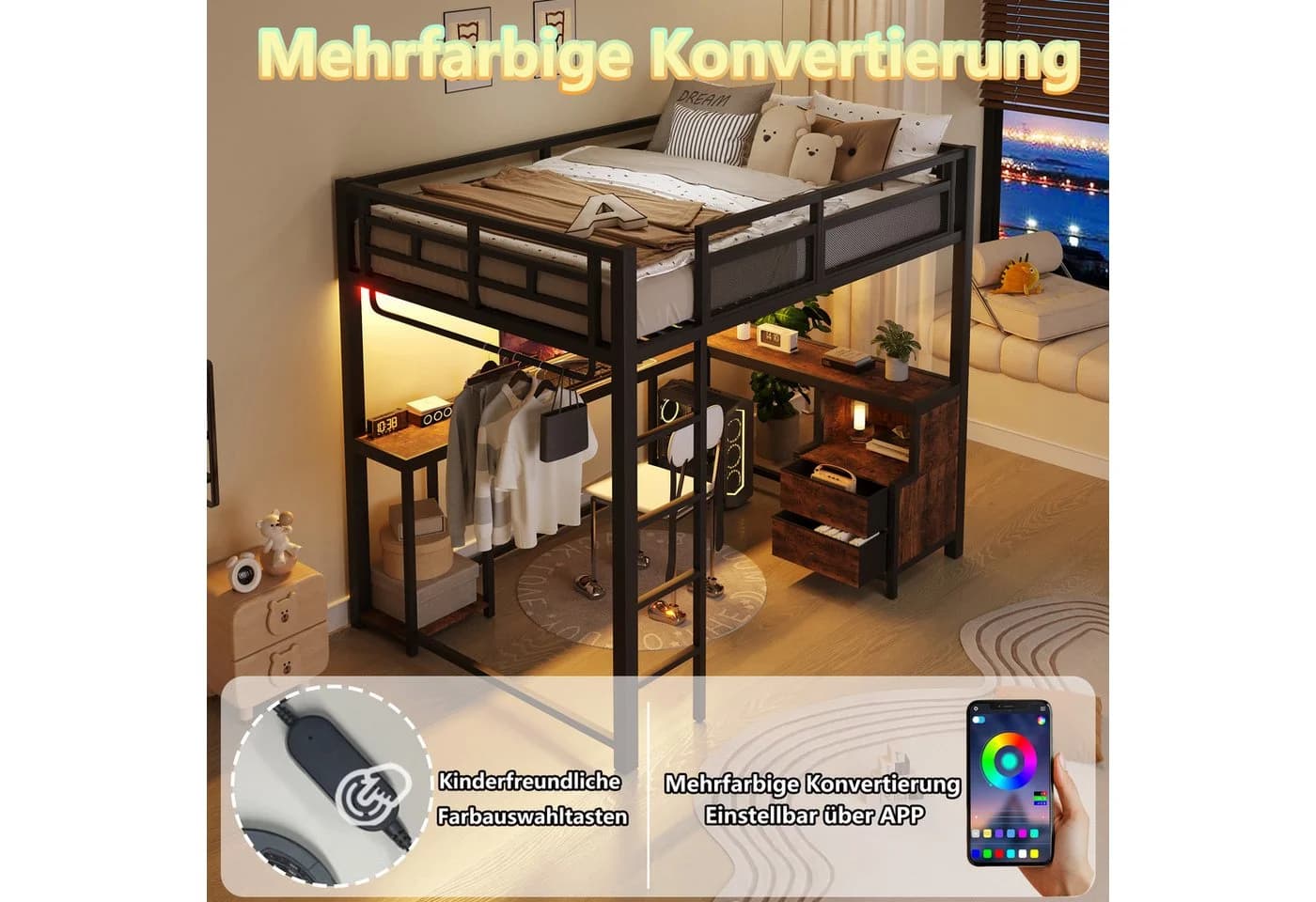 Merax Hochbett 140x200cm mit LED & USB Schwarz - Bild 5