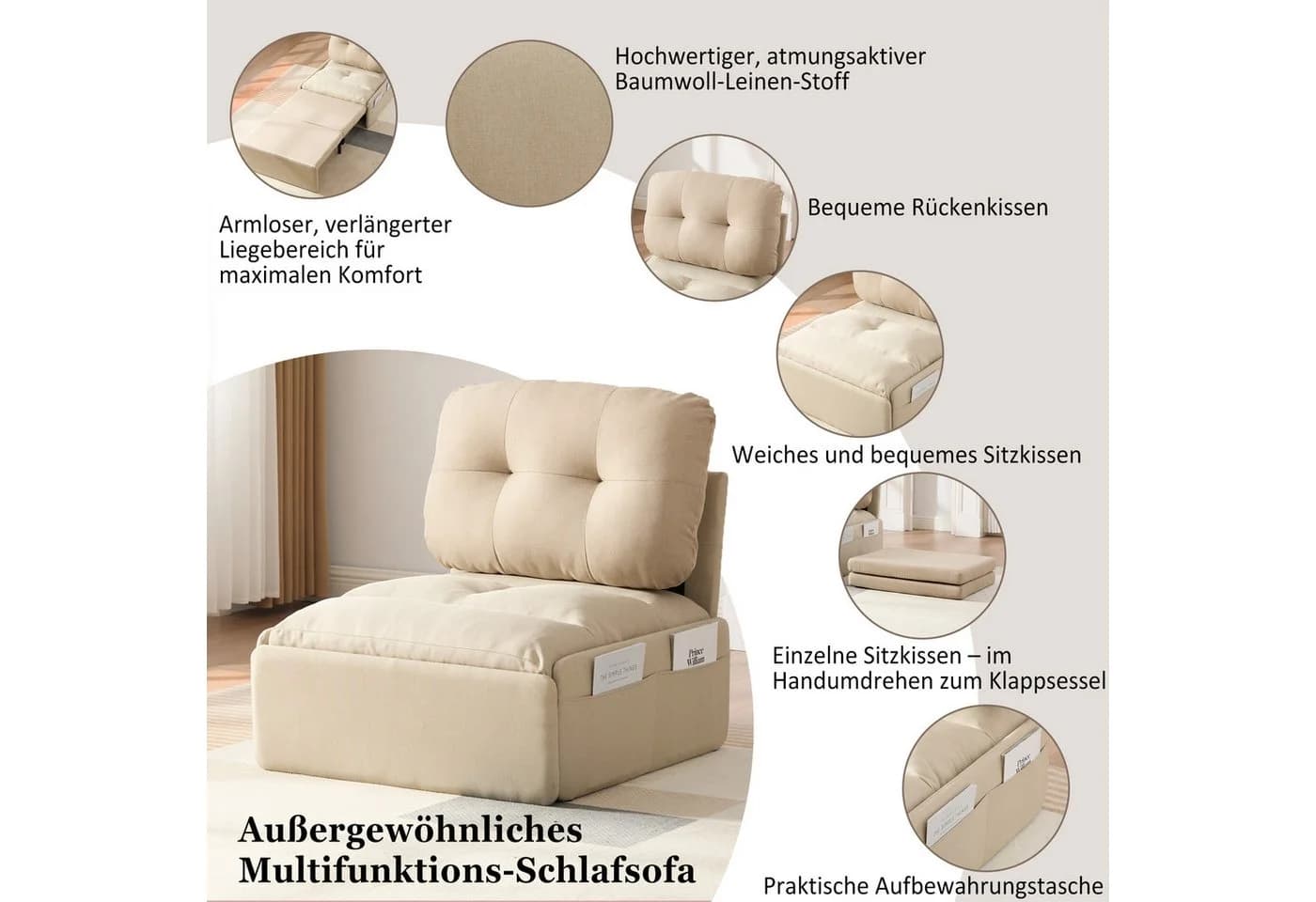 Merax 2-in-1 Schlafsessel mit Ausziehfunktion Leinenbezug - Bild 4
