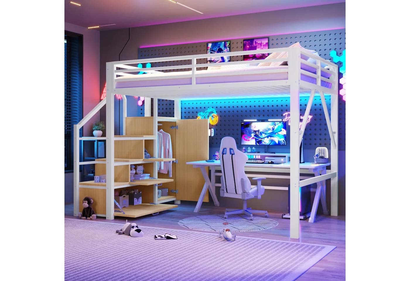 Merax Hochbett 140x200cm mit LED-Beleuchtung und Kleiderschrank - Bild 2