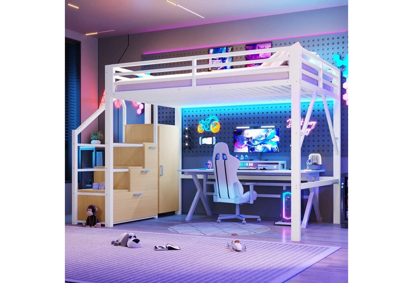 Merax Hochbett 140x200cm mit LED-Beleuchtung und Kleiderschrank - Bild 3