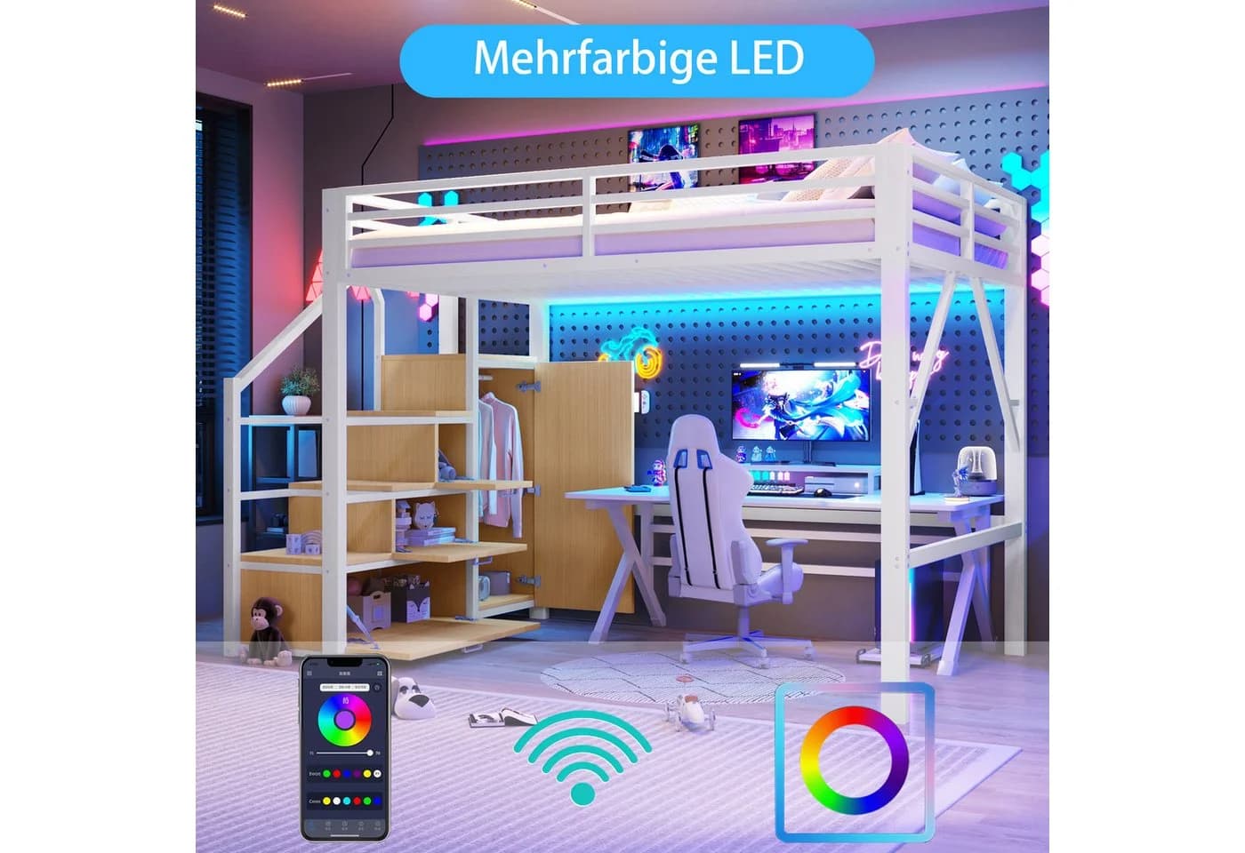Merax Hochbett 140x200cm mit LED-Beleuchtung und Kleiderschrank - Bild 5
