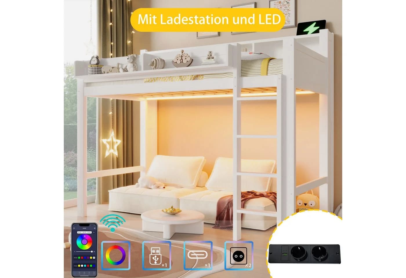 Merax Hochbett mit LED-Beleuchtung & USB-Anschluss Weiß - Bild 4