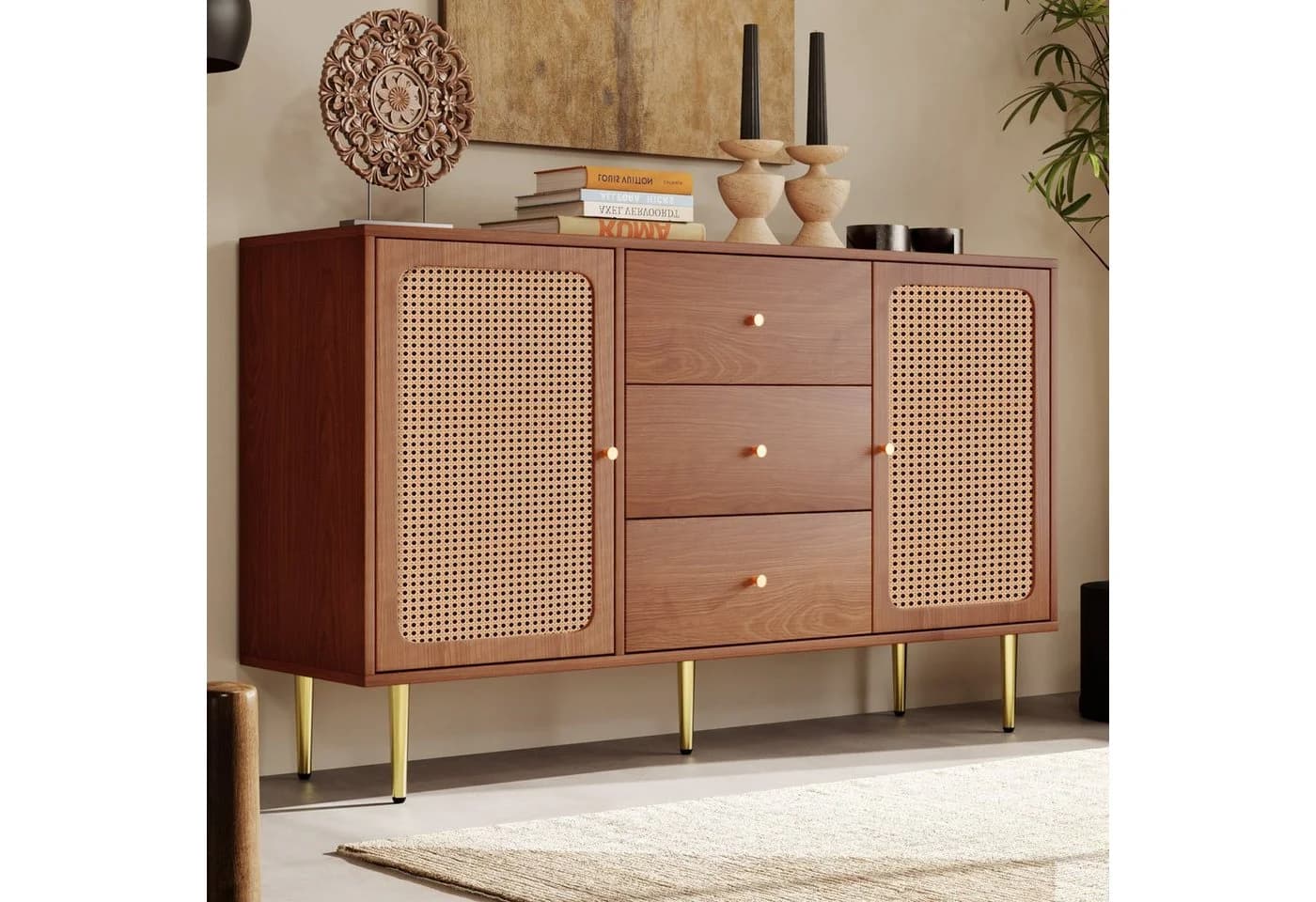Flieks Kommode Sideboard 3 Schubladen 2 Türen Rattan Nussbaum