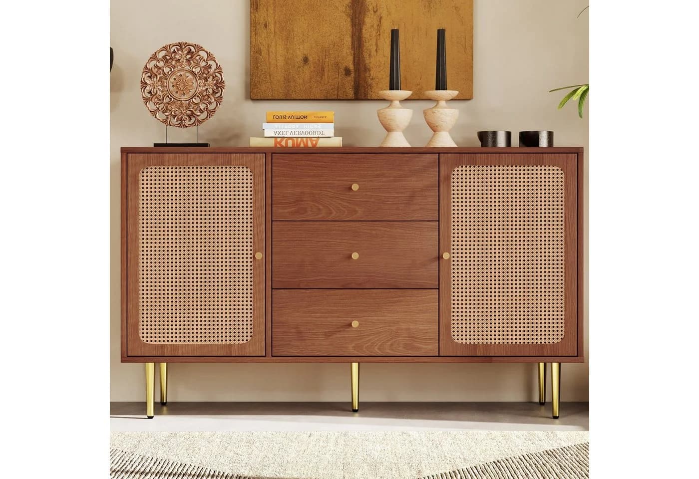 Flieks Kommode Sideboard 3 Schubladen 2 Türen Rattan Nussbaum - Bild 2