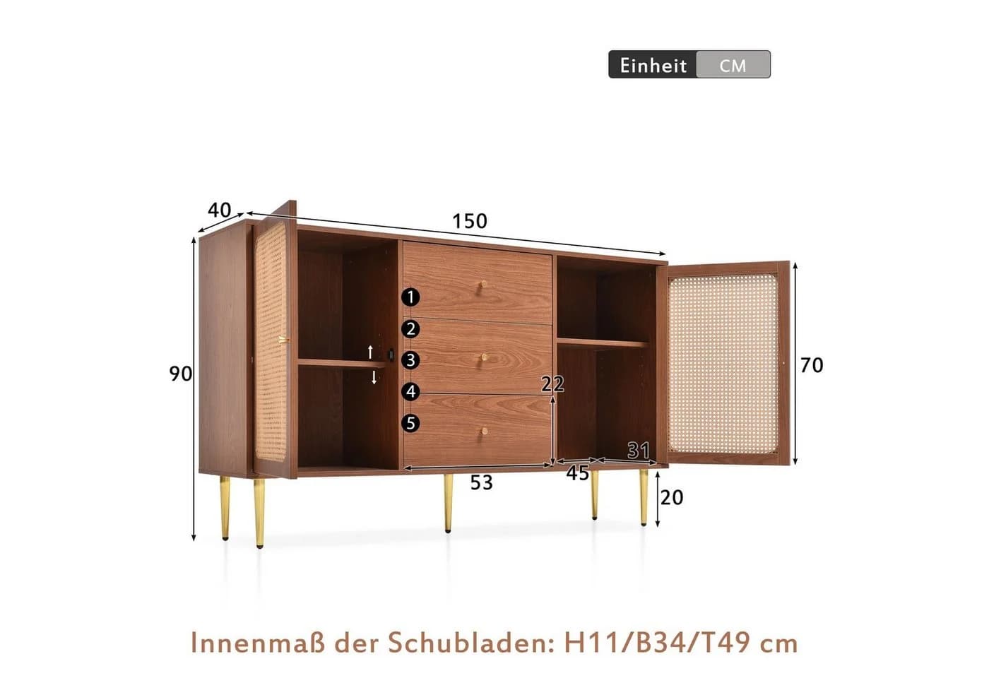 Flieks Kommode Sideboard 3 Schubladen 2 Türen Rattan Nussbaum - Bild 3