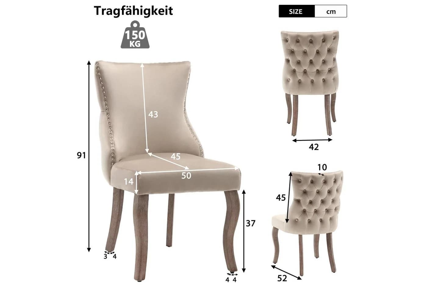Flieks Esszimmerstuhl 6er Set Beige Samt mit Rückenlehne - Bild 3