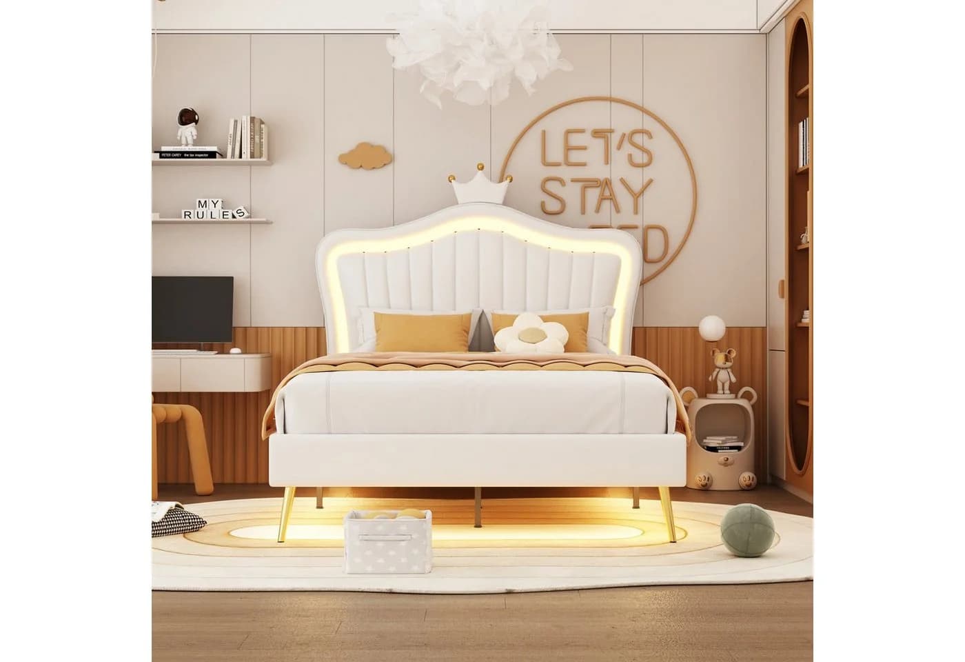 Flieks Polsterbett mit LED Beleuchtung und Kronen-Design Weiß