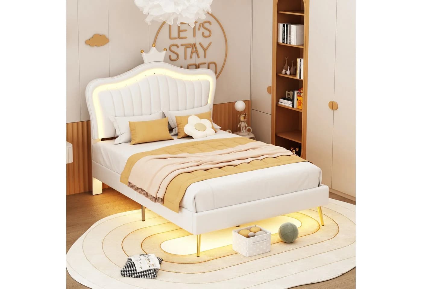 Flieks Polsterbett mit LED Beleuchtung und Kronen-Design Weiß - Bild 2