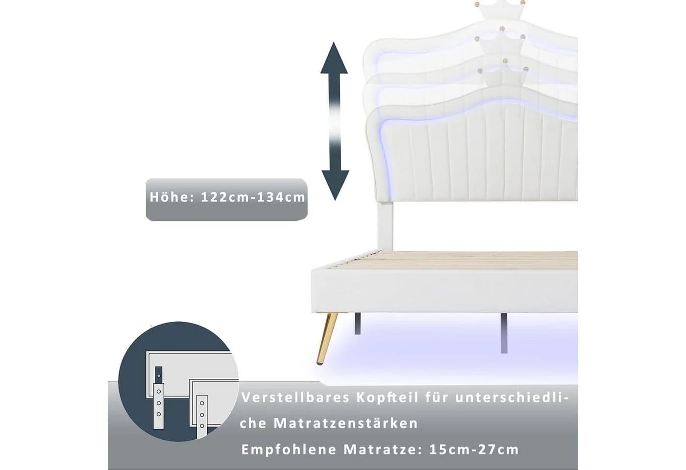 Flieks Polsterbett mit LED Beleuchtung und Kronen-Design Weiß - Bild 4