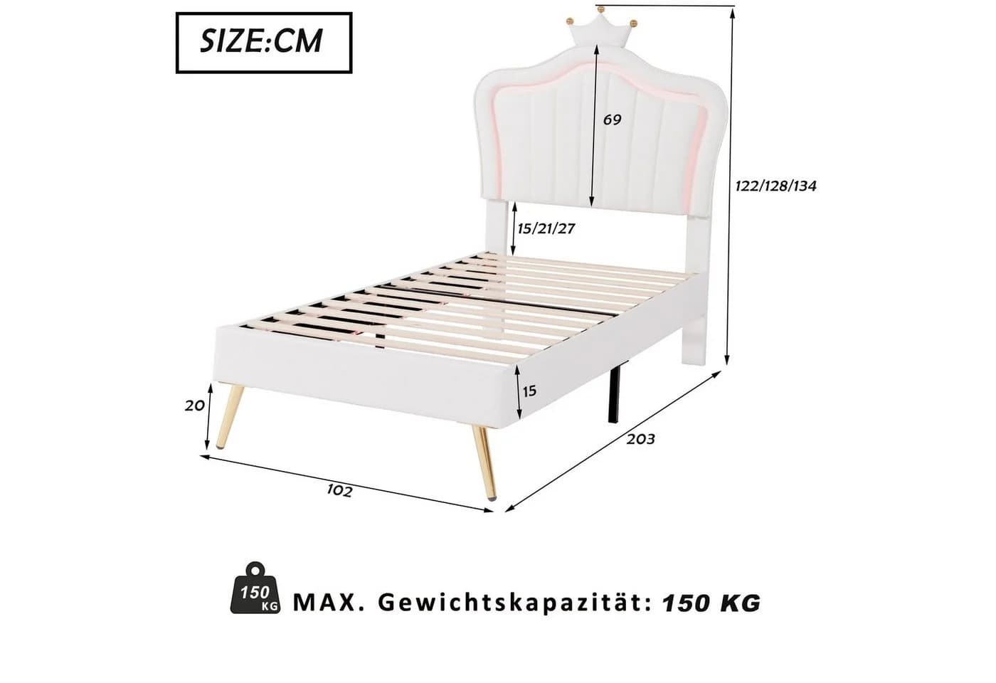 Flieks Polsterbett mit LED Beleuchtung und Kronen-Design Weiß - Bild 5