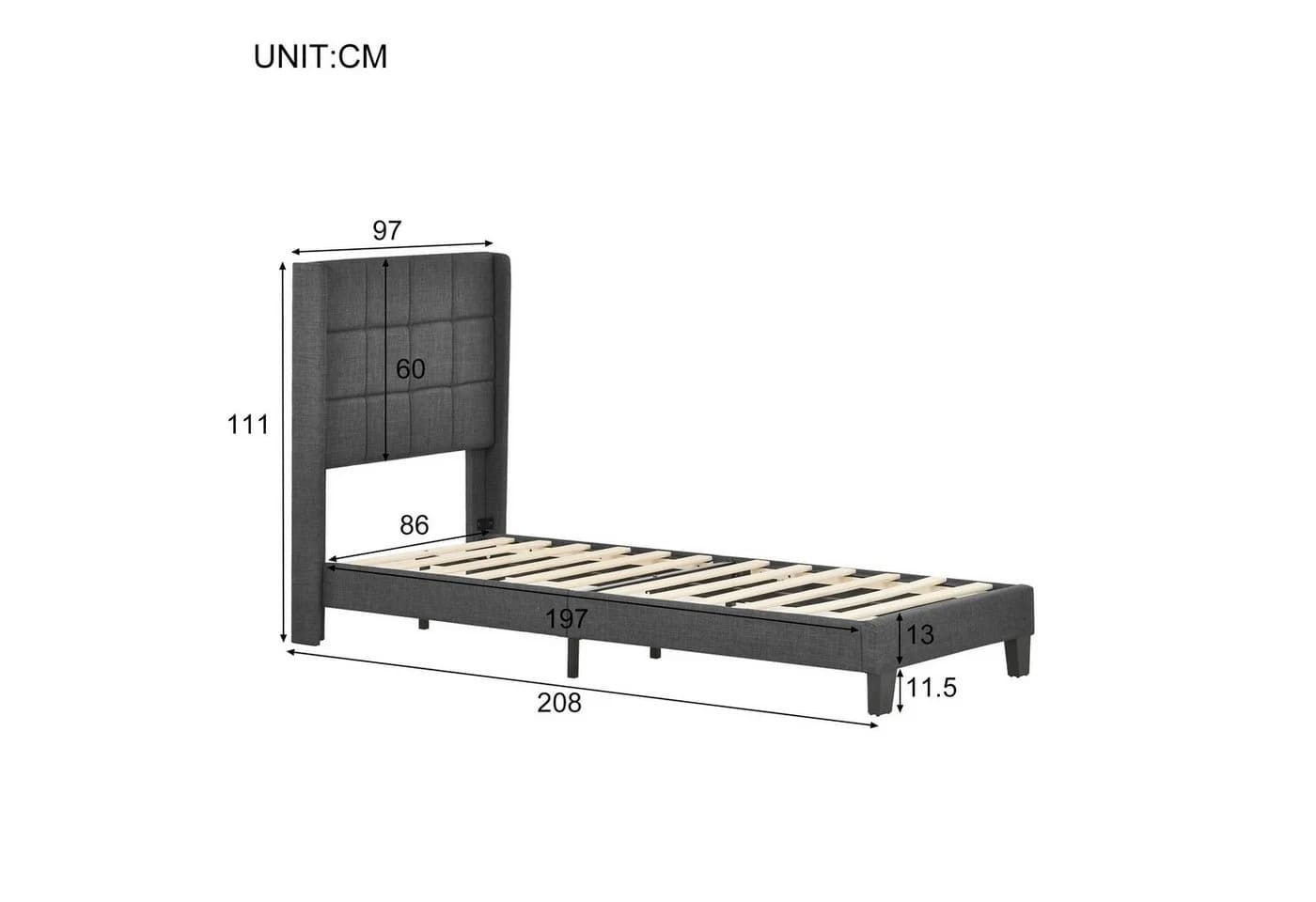 Flieks Polsterbett Einzelbett Leinen Grau 90x200cm - Bild 3