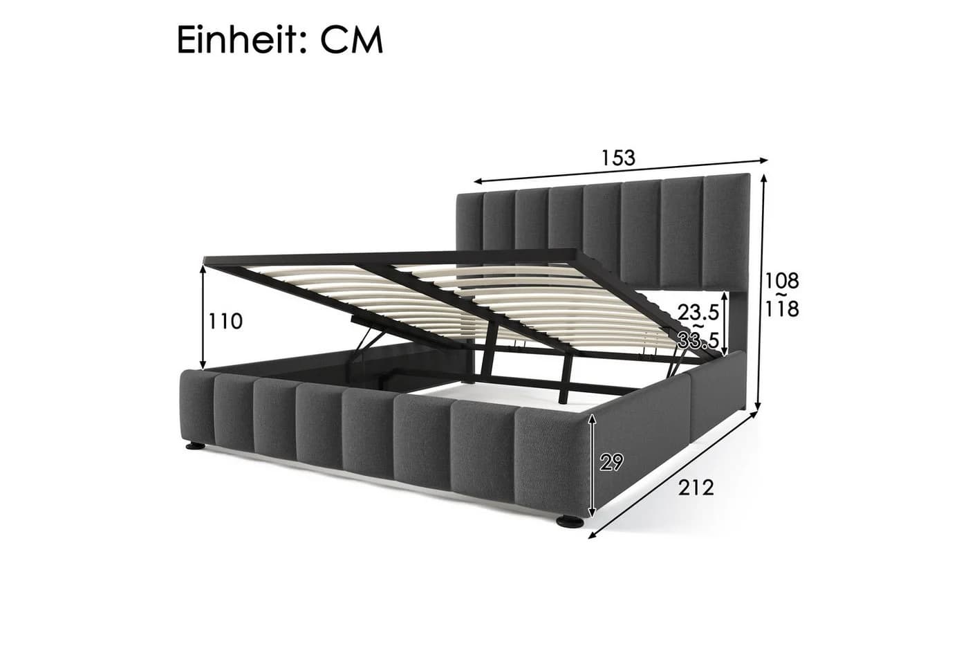 Flieks Funktionsbett Hydraulisch Grau Leinen 140x200cm - Bild 5