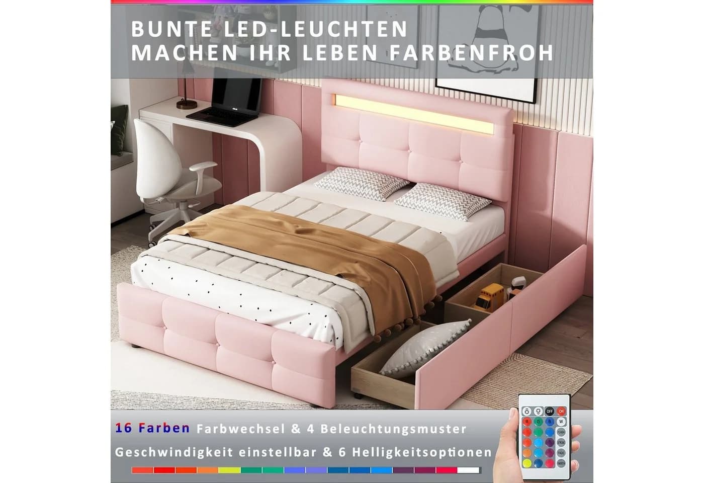 Flieks Polsterbett mit LED und Schubladen Rosa - Bild 3