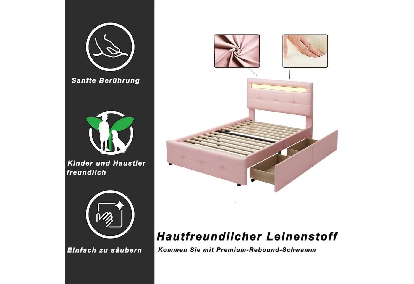 Flieks Polsterbett mit LED und Schubladen Rosa - Bild 5