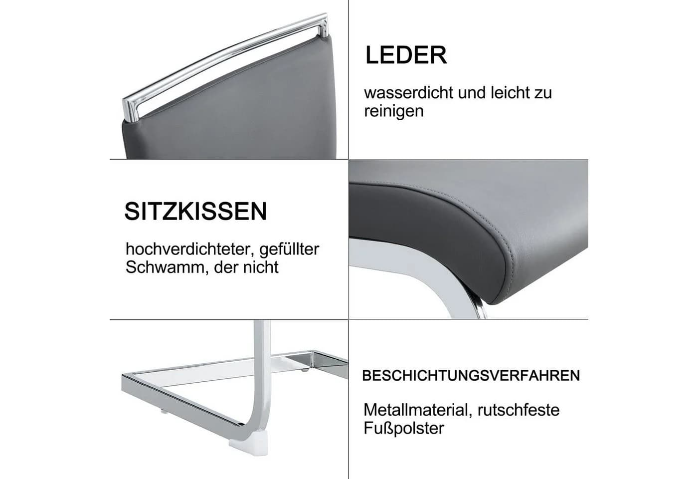 Flieks Freischwinger 4er Set Esszimmerstuhl Grau Kunstleder Leinen - Bild 4