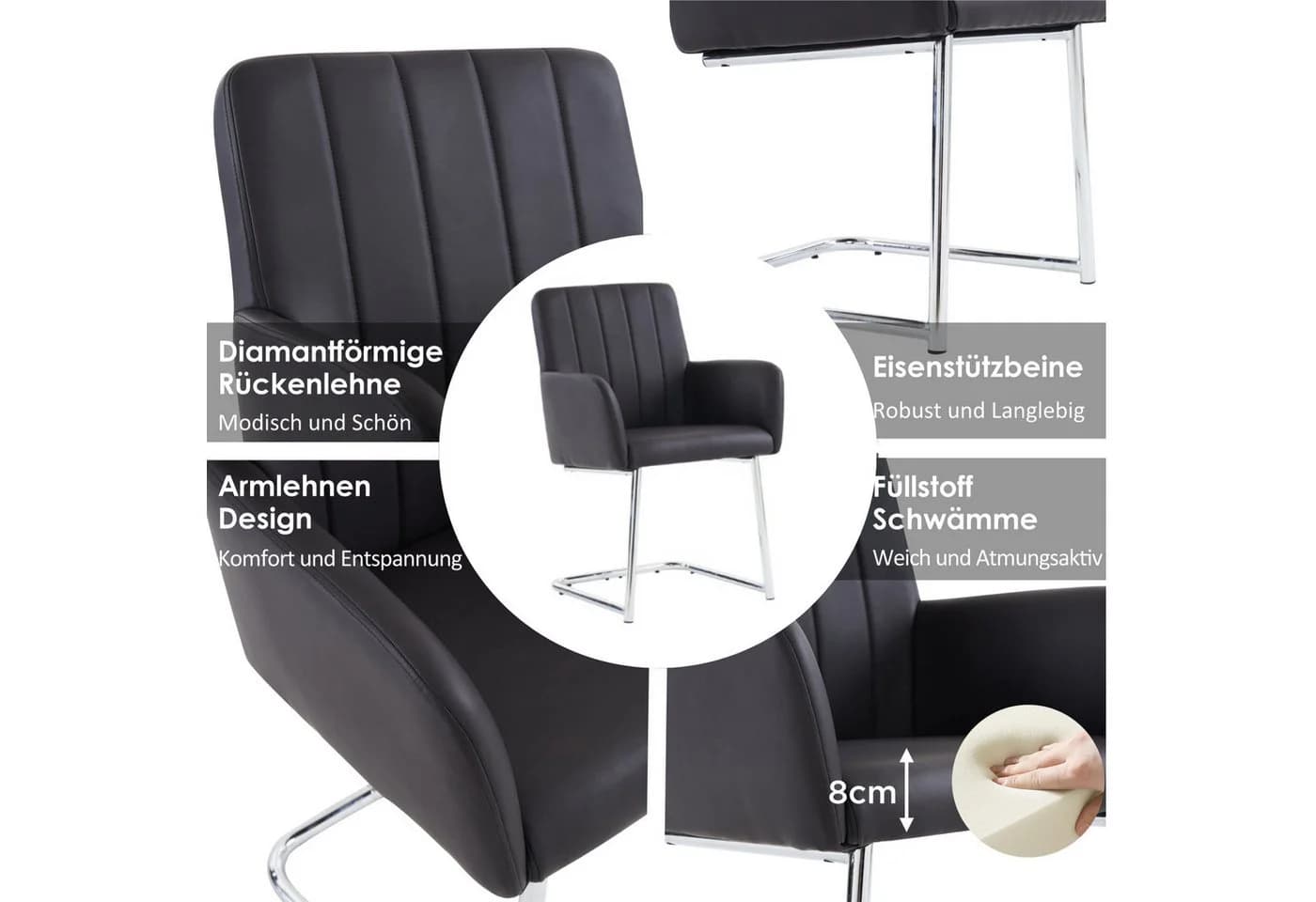 Flieks Freischwinger 2er Set Esszimmerstuhl Kunstleder Schwarz mit Armlehnen - Bild 5