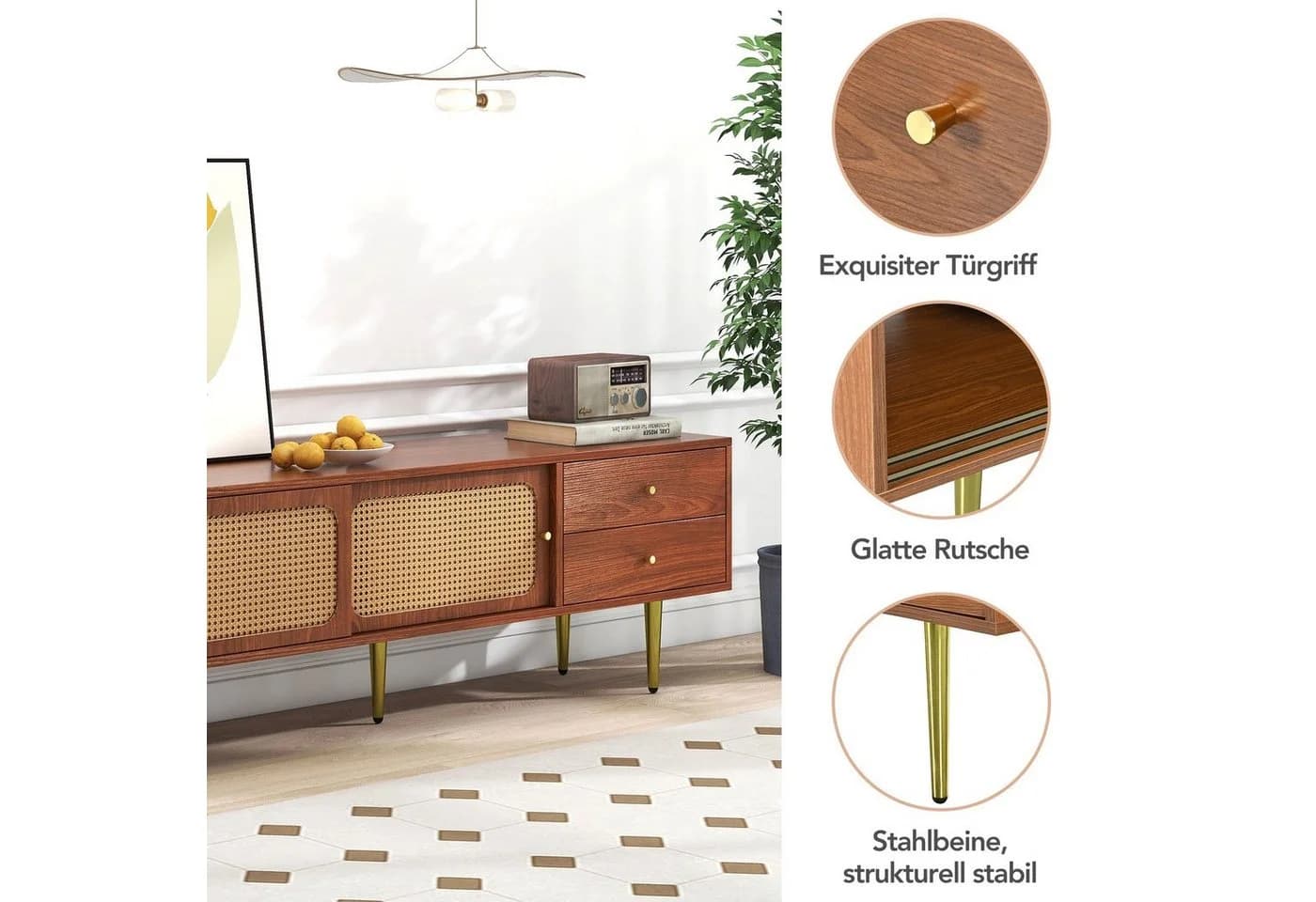 Merax Lowboard Vintage Rattan TV-Schrank Walnuss