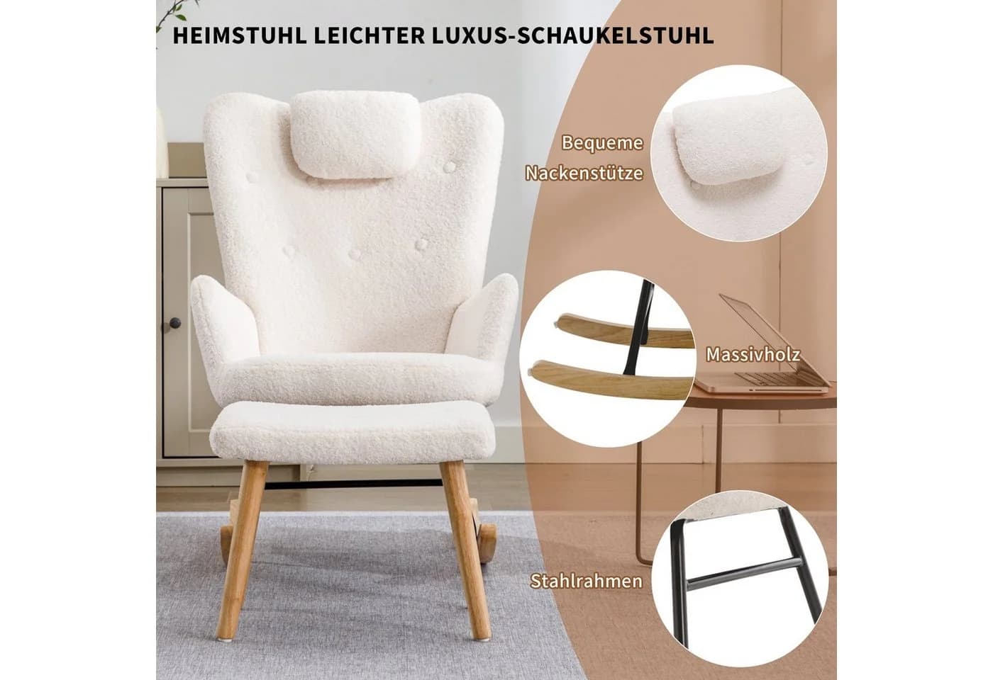 Merax Schaukelstuhl mit Teddyplüsch, Hocker, Kopfstütze, Weiß