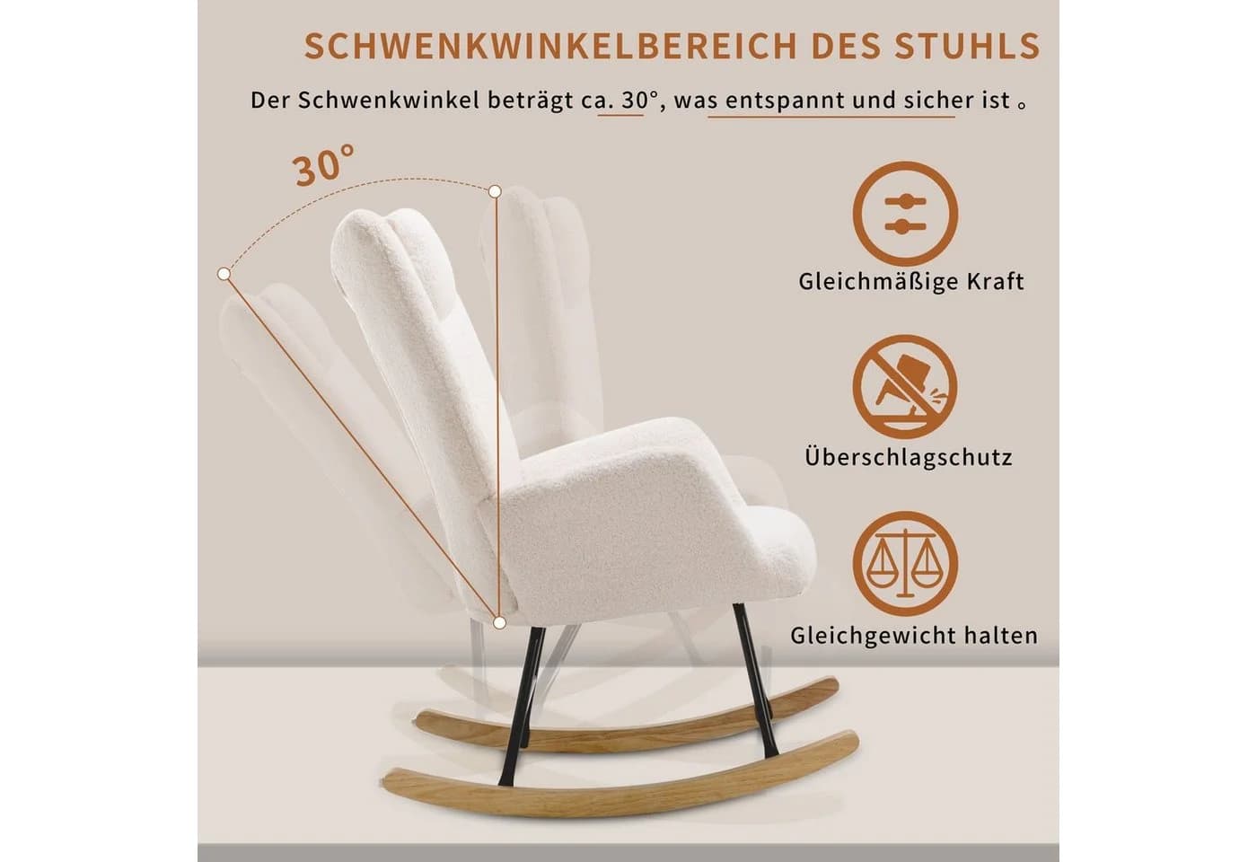 Merax Schaukelstuhl mit Teddyplüsch, Hocker, Kopfstütze, Weiß - Bild 3