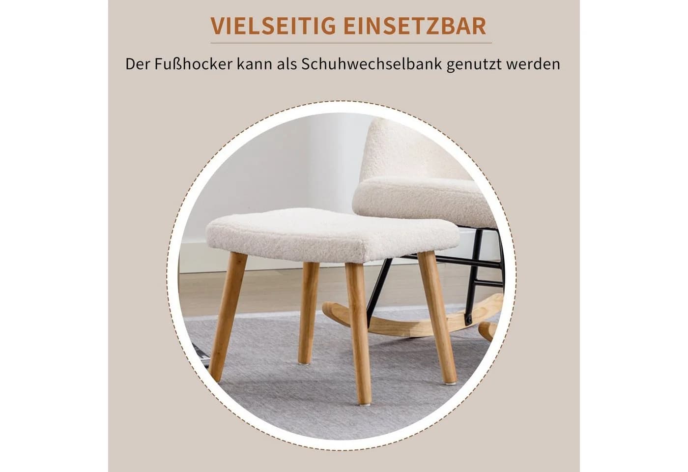 Merax Schaukelstuhl mit Teddyplüsch, Hocker, Kopfstütze, Weiß - Bild 4