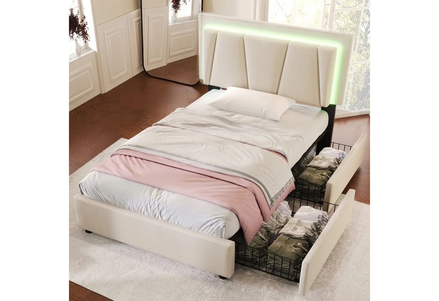 Flieks Polsterbett LED-Beleuchtung Einzelbett 90x200cm mit 2 Schubladen